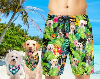 Personalized Dog Face Swim Trunks: Custom Photo Beach Shorts & Bandana Set