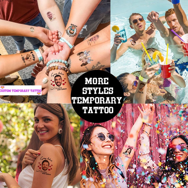 Pu&ograve; includere: Un set di tatuaggi temporanei con vari disegni, tra cui un cane, un cuore con un viso e il testo "Poppy" e "My heart was taken". I tatuaggi sono mostrati sulle braccia e sulle gambe delle persone. L'immagine include anche una sovrapposizione di testo che dice "More Styles Temporary Tattoo".