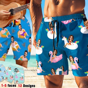 May include: Blue swim trunks with a repeating pattern of people in inner tubes and sharks. Another pair of blue swim trunks with a repeating pattern of people on inflatable flamingos and unicorns. The text on the bottom says "1-5 faces 12 Designs".