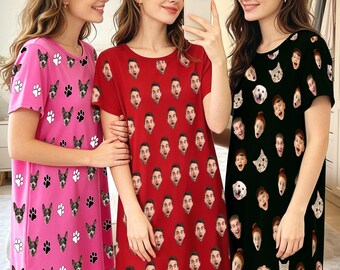 Personalized Face Pajama Dress, Custom Dog Face Nightgown, Funny Sleepwear, Gifts for Mom Wife