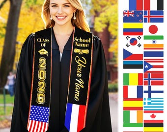 Custom Mixed Two Flag Graduation Stole, Personalized Class of 2026 Sash