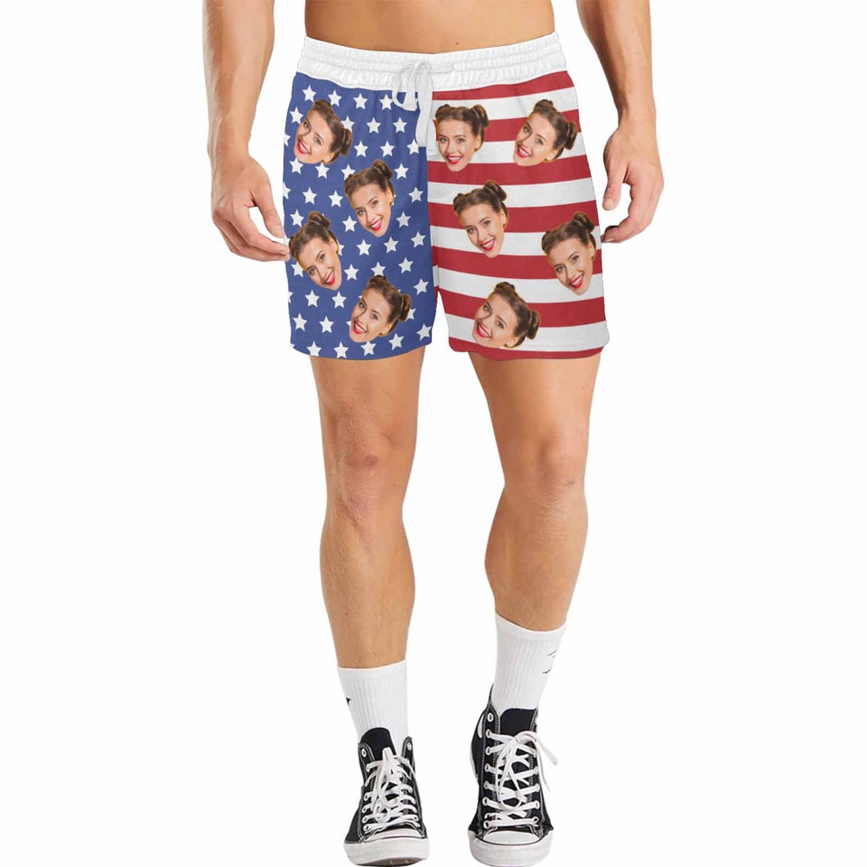 Custom Face Swim Trunk for Men, personalized trunk, Man Bathing Suit American Flag Face Gym Shorts