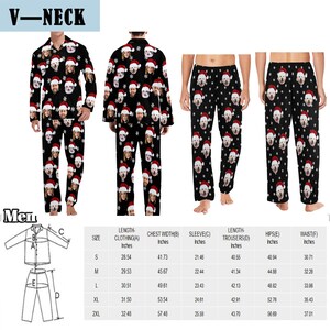 K&ouml;nnte beinhalten: Eine Gr&ouml;&szlig;entabelle f&uuml;r einen Pyjama mit einem V-Ausschnitt-Oberteil und einer passenden Hose. Die Tabelle zeigt die Ma&szlig;e in Zoll f&uuml;r verschiedene Gr&ouml;&szlig;en, einschlie&szlig;lich L&auml;nge, Brustweite, &Auml;rmell&auml;nge, Hosenl&auml;nge, H&uuml;fte und Taille.