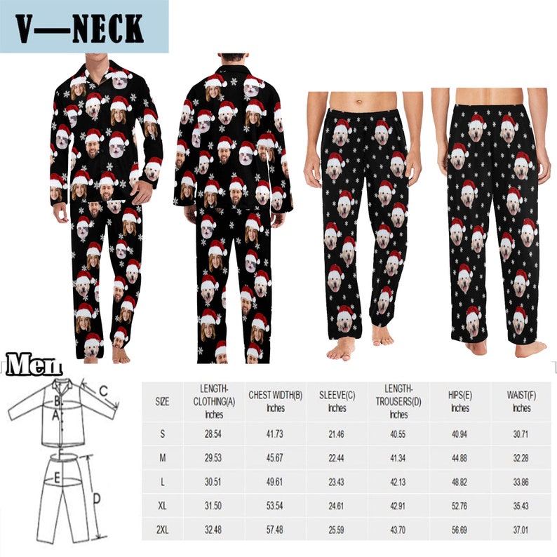 K&ouml;nnte beinhalten: Eine Gr&ouml;&szlig;entabelle f&uuml;r einen Pyjama mit einem V-Ausschnitt-Oberteil und einer passenden Hose. Die Tabelle zeigt die Ma&szlig;e in Zoll f&uuml;r verschiedene Gr&ouml;&szlig;en, einschlie&szlig;lich L&auml;nge, Brustweite, &Auml;rmell&auml;nge, Hosenl&auml;nge, H&uuml;fte und Taille.