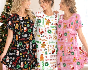 Custom Christmas Pajama Dress, Personalized Name Sleepwear, Holiday Pajamas, Gift For Wife Mom