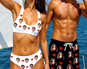 Custom Face Swimsuit Face Swim Trunks, Personalized Couple Swimwear, Custom Wedding Swimsuit with Face, Face Bathing Suit, Beach Party Gift