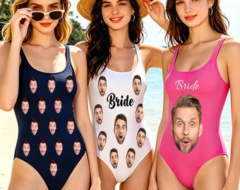 Custom Photo Swimsuit, Personalized Face Bride Swimwear, Women One-Piece Swimsuit, Bachelorette Party Gift
