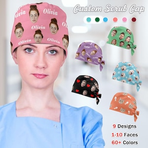May include: A pink scrub cap with custom faces and the name "Olivia" printed on it. The image also shows other scrub cap designs with faces, pets, and patterns. The text "Custom Scrub Cap" is visible.