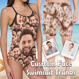 Custom Face Swimsuit & Trunks: Personalized Couple&#39;s Bathing Suit