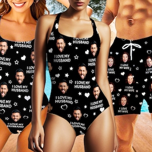 Personalized Face Swimsuit & Trunks: Custom Couple&#39;s Bathing Suit
