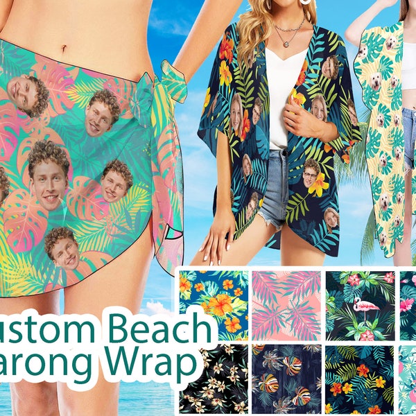 Custom Beach Sarong with faces, Women's Sarong Wrap with Photo, Customize Bikini Swimwear Cover up, Anniversary/Wedding  Gift, Beach Party