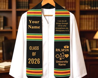 Personalized African  Graduation Stole, Custom Kente Grad Sash, RN MSN Nursing Stole