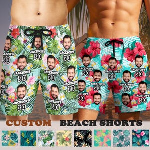 Custom Birthday Trunks With Face Text, Gift&#39;s for Birthday Party, Personalized Hawaiian Face Trunks, Funny Swim Trunks, Custom Beach Shorts
