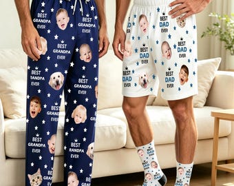 Custom Photo Pajama Pants, Personalized Face Pajama Shorts, Gift for Dad Grandpa Husband