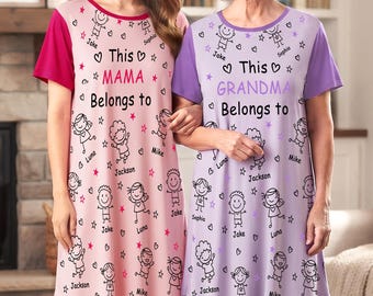 Custom Grandma Pajama Dress , This Grandma Belongs To pajamas, Personalized Nightgown For Mom