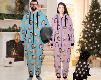 Custom Face One-Piece Pajamas: Family Christmas Flannel Zipper PJs