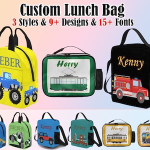 May include: Three styles of personalized lunch bags with different designs. The bags are yellow, green, and black with various images including a monster truck, a tram, and a fire truck. The bags are labeled with the names "Bieber", "Herry", and "Kenny".