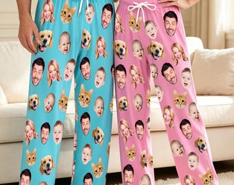 Custom Photo Pajama Pants, Personalized Pet Face Sleepwear, Family Portrait Loungewear, Gifts for Grandparents