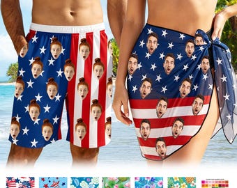 Custom Face Beach Sarong, Personalized Men Photo Swim Trunks, Bachelorette Party, 4th of July Beach Shorts