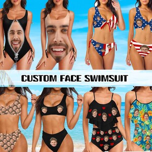May include: A collection of custom face swimsuits with various designs. Some swimsuits feature a person's face printed on the fabric, while others have a more traditional design with a person's face incorporated into the pattern. The swimsuits are available in a variety of colors and styles.