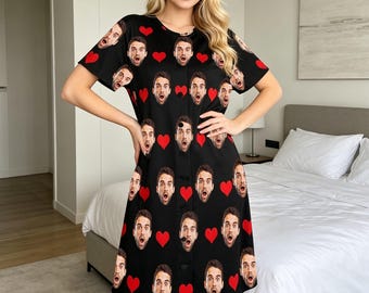 Custom Face Pajama Dress, Personalized Nightgown with Photo, Customized Photo Sleepwear, Birthday Gifts