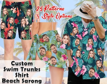 Custom Face Swim Trunks Custom Face Beach Sarong Face Hawaiian Shirt Swim Short Custom Matching Swimsuits for Couples Father's Day Gifts