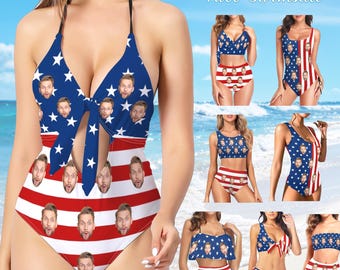 Custom Face Swimsuit, Personalized Bachelorette Party Bathing Suit, American Flag Swimwear