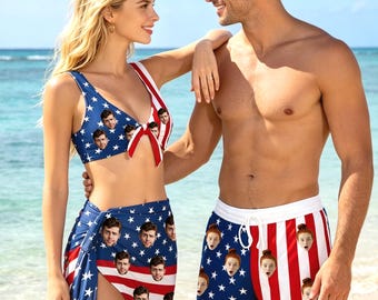 Personalized Couple Swimsuit, Personalized Bikini Set, Bachelorette Party Favors, July 4th Bathing Suit