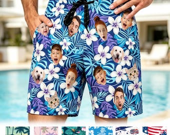 Custom Men Beach Shorts with Face, Personalized Photo Swim Trunks, Hawaiian Floral Board Shorts,