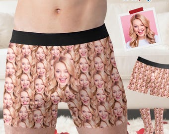 May include: Boxer briefs with a repeating pattern of a woman's face, with a black waistband. A small photo and a pair of socks with the same pattern are also visible. The words "MADE IN US" are printed on the image.