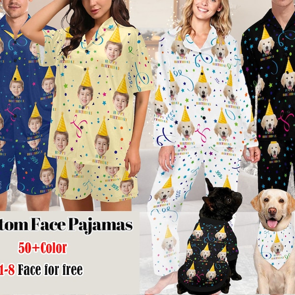 Custom Birthday Pajamas With Face, Custom Women Short Sleeve Pajama Set, Custom Pajamas Pants, Pajamas Women Men, Happy Birthday Clothing