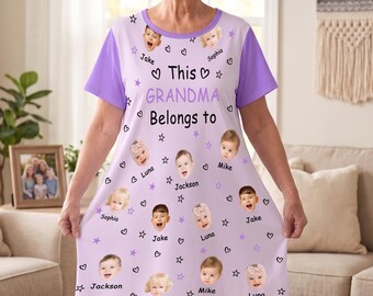 Personalized Grandma Sleep Shirt, Custom Photo Pajama Dress, Women's Nightgown, Nana Mimi Gift