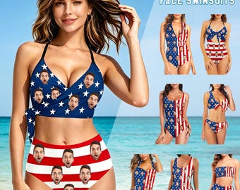 Personalized American Flag Swimsuit, Custom Women's One-Piece Swimwear, Men Beach Shorts
