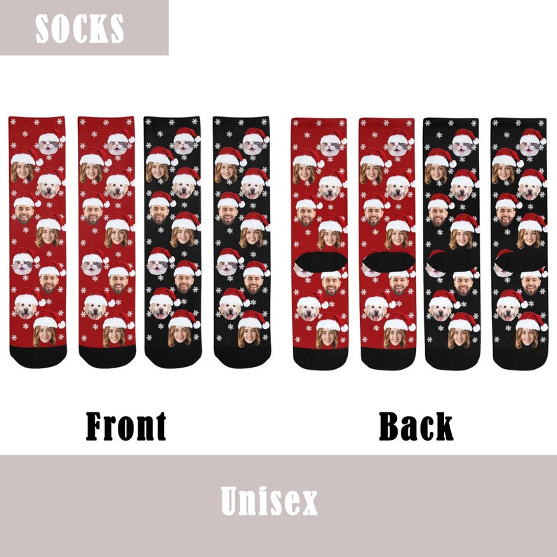 K&ouml;nnte beinhalten: Ein Paar rot-schwarze Weihnachtssocken mit einem Schneeflockenmuster und einem sich wiederholenden Bild eines Gesichts, das eine Weihnachtsm&uuml;tze tr&auml;gt. Die Socken werden von vorne und hinten gezeigt. Der Text "Socks" befindet sich oben im Bild. Der Text "Front" befindet sich unter der Vorderansicht der Socken. Der Text "Back" befindet sich unter der R&uuml;ckansicht der Socken. Der Text "Unisex" befindet sich unten im Bild.