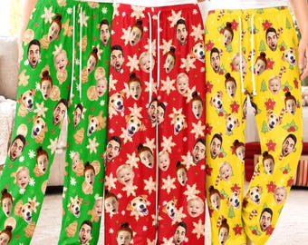 Custom Family Photo Pajama Pants, Personalized Christmas Sleepwear, Dog Cat Face Pajama Bottom