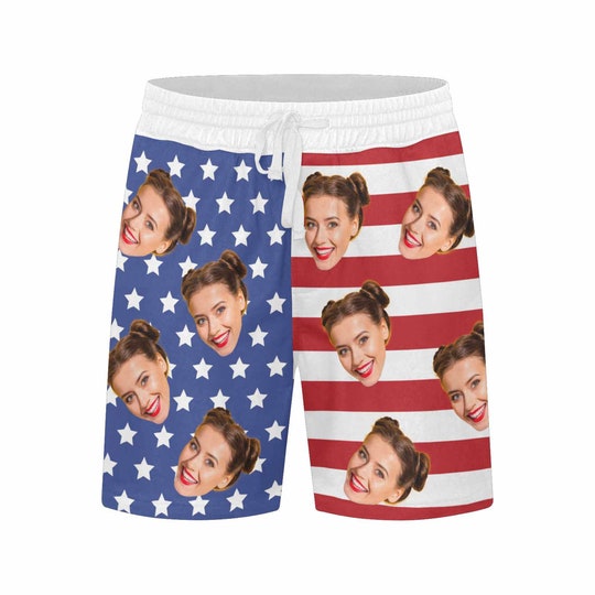 Custom Face Swim Trunk for Men, personalized trunk, Man Bathing Suit American Flag Face Gym Shorts