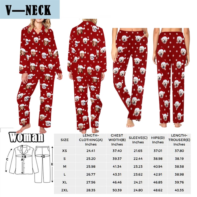 K&ouml;nnte beinhalten: Roter und wei&szlig;er Pyjama mit V-Ausschnitt und langer Hose. Der Pyjama hat ein sich wiederholendes Muster aus einem Gesicht einer Person, die eine Weihnachtsm&uuml;tze tr&auml;gt. Die Gr&ouml;&szlig;entabelle zeigt die Ma&szlig;e in Zoll f&uuml;r XS, S, M, L, XL und 2XL.