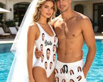 Personalized Bride Swimsuits, Custom Photo Swimwear, Men Beach Shorts, Bachelorette Bathing Suit
