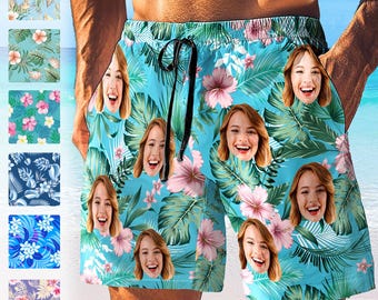 Custom Men's Swim Trunks with Face Photo, Personalized Beach Shorts