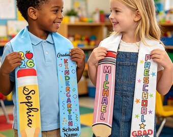 Custom Kid Pencil Graduation Stole, Personalized Kindergarten Sash, Customized Name Crayon Stoles
