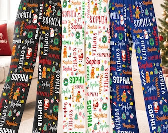 Custom Christmas Pajama Pants, Personalized Name Holiday Loungewear, Family Xmas Pajama Bottoms