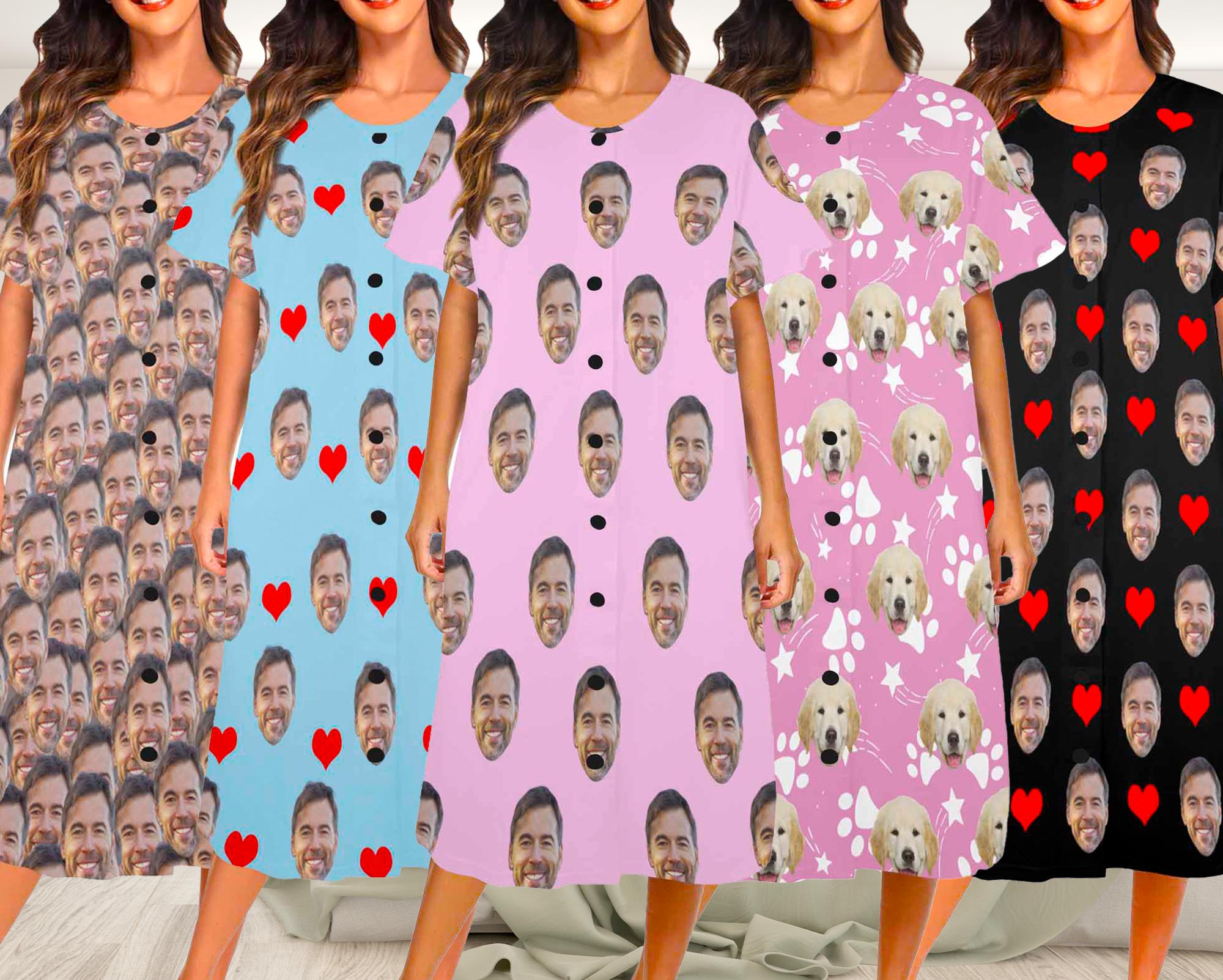 Custom Face Pajama Dress: Personalized Photo Nightgown, Pajamas with Picture, Gifts for Wife Mom