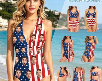 Custom Photo Swimwear, Personalized Face American Flag Swimsuit, Bachelorette Party Bathing Suit