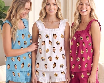 Custom Face Pajama Set, Personalized Photo Short Sleeve Sleepwear, Bridal Party Pajamas