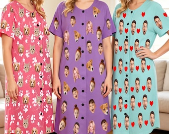 Custom Face Nightgown, Personalized Face Pajama Dress, Photo Sleepwear For Mom Grandma Wife