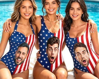 Custom Face American Flag Swimwear, Personalized One-Piece Swimsuit with Face, Bachelor Party