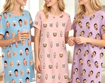 Personalized Photo Pajama Dress, Custom Dog Face Nightgown, Family Photos Sleepwear, Birthday Party Pajamas