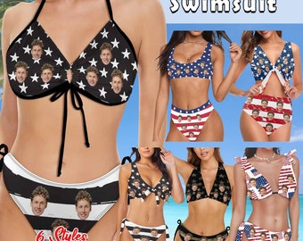 American Flag Design Swimsuit With Faces, Custom Face Swimsuit, Face Swimwear Independence Day, Swimwear with Image, Mother's Day Gifts