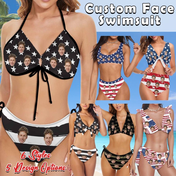 American Flag Design Swimsuit With Faces, Custom Face Swimsuit, Face Swimwear Independence Day, Swimwear with Image, Mother's Day Gifts