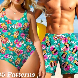Personalized Face Swimsuit & Trunks: Custom Couple&#39;s Swimwear